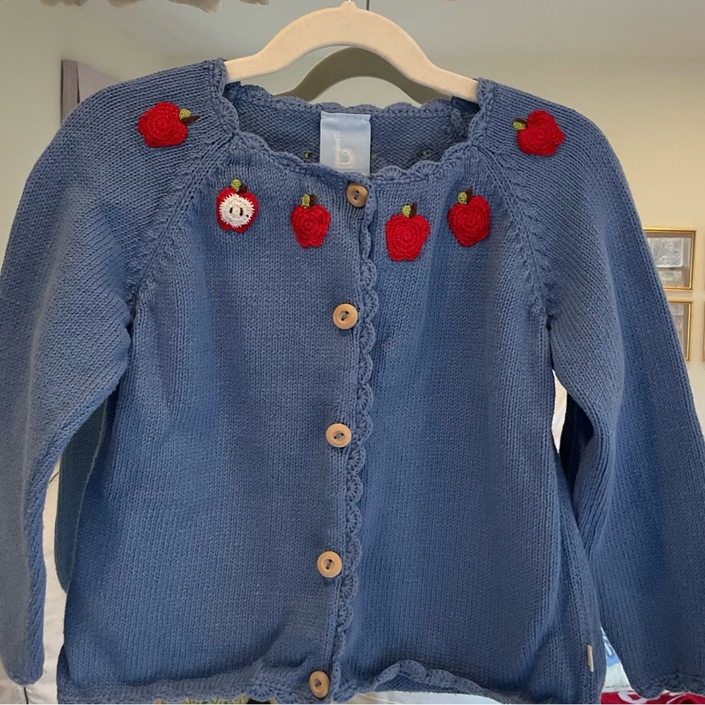 bella bliss Blue Knit Cardigan with Red Apple Embroidery